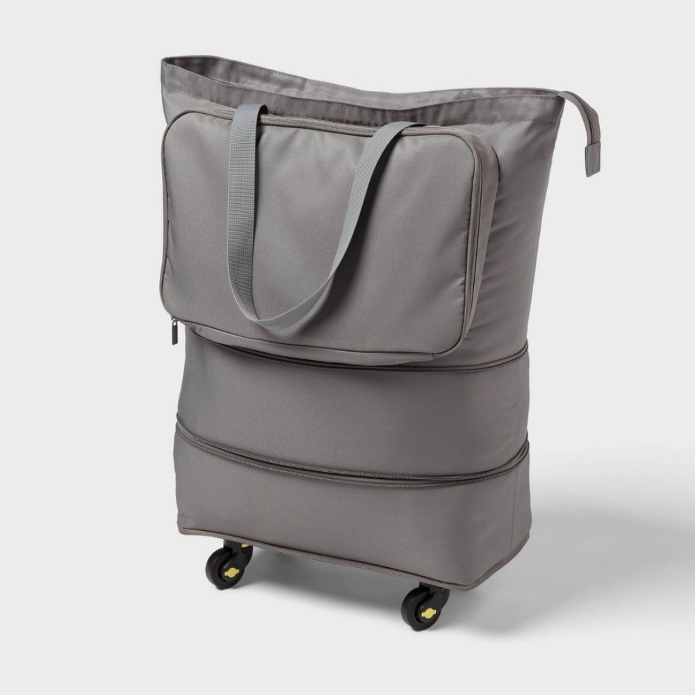 Collapsible Gray Rolling Tote Bag
